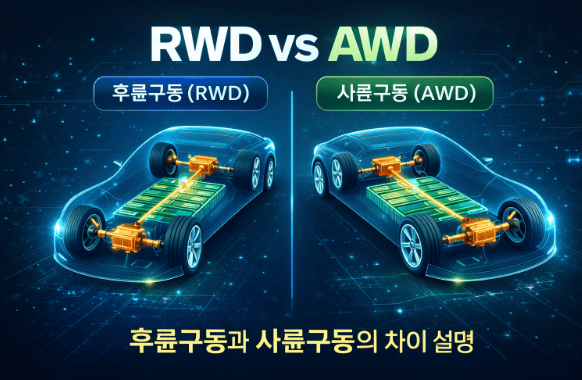 전기차 후륜구동(RWD)과 사륜구동(AWD)의 구조 차이를 배터리와 모터 위치로 비교한 기술 설명 이미지