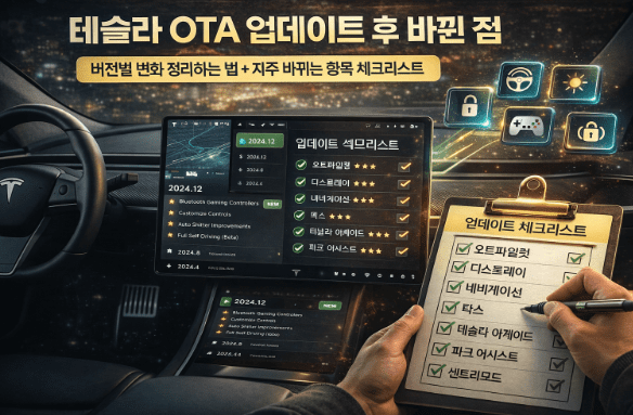 테슬라 OTA 업데이트 후 변경된 기능 목록과 버전별 업데이트 기록을 차량 디스플레이와 체크리스트로 확인하는 대표 이미지