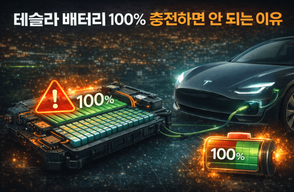 테슬라 배터리를 100%까지 충전했을 때 발생할 수 있는 BMS 부담, 수명 저하, 충전 제한 문제를 배터리 팩과 경고 아이콘으로 설명한 대표 이미지