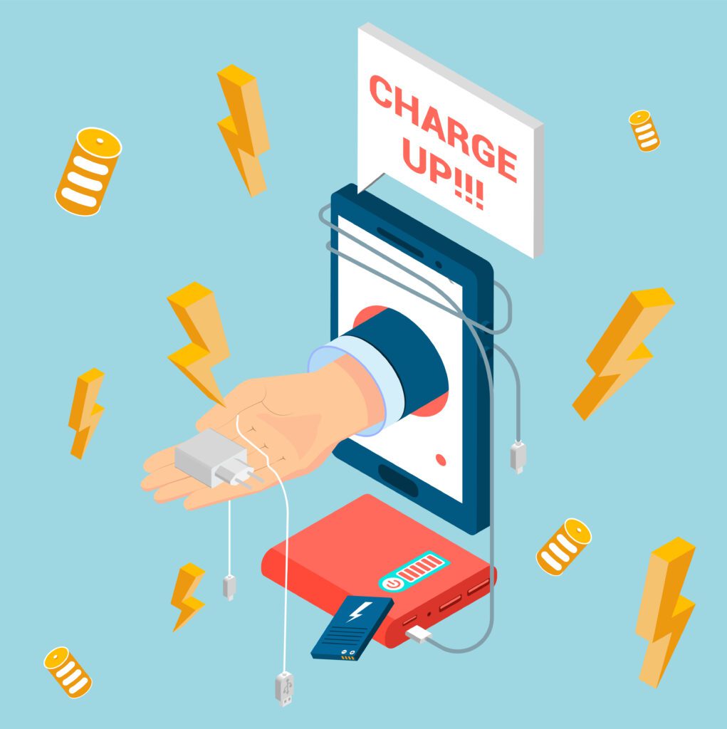 전기차 충전 과정을 상징하는 배터리 아이콘과 충전 일러스트